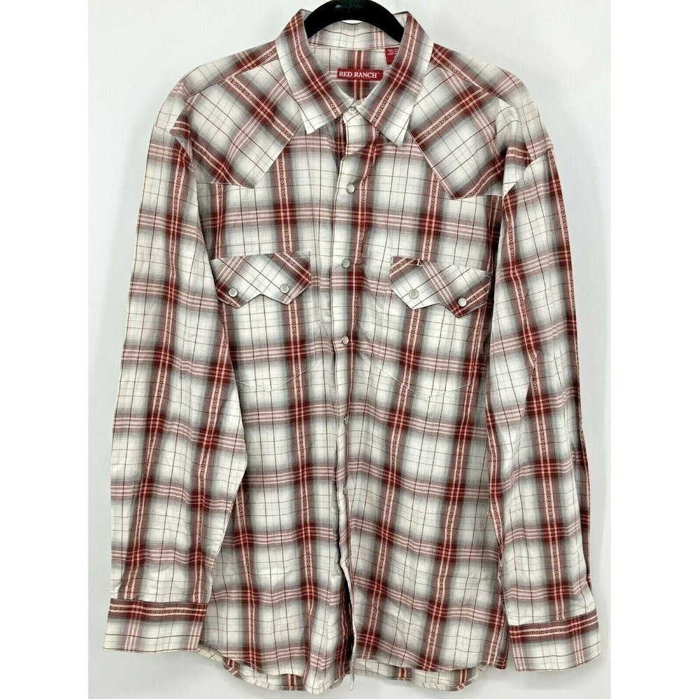 Red Ranch Mens Western Shirt Large L Red White Gray Plaid Long Sleeve New B30E